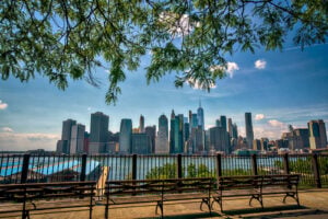 Brooklyn Heights Promenade benches overlooking the Lower Manhattan skyline