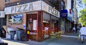 Brooklyn neighborhood street scene outside Di Fara Pizza