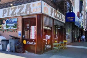 Brooklyn neighborhood street scene outside Di Fara Pizza