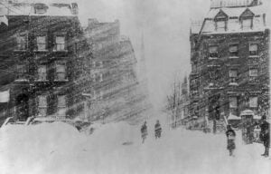 Snow-covered New York City street during the Great Blizzard of 1888