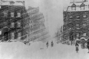 Snow-covered New York City street during the Great Blizzard of 1888