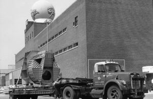 Lunar Module ascent fuselage being transported outside Grumman Plant 5 in Bethpage, Long Island