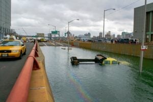 NYC Truck partially submerged by Hurricane Sandy flooding in New York City in 2012