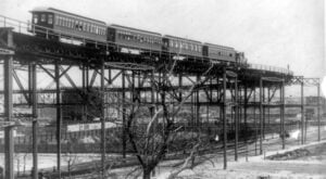 Ninth Avenue Elevated train on the high curve near 110th Street in Manhattan