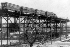 Ninth Avenue Elevated train on the high curve near 110th Street in Manhattan