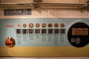 New York City subway token designs displayed at Boerum Place