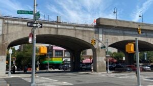 Queens Boulevard beneath the elevated train in Sunnyside, Queens