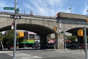 Queens Boulevard beneath the elevated train in Sunnyside, Queens