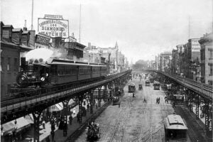 Steam train on the Third Avenue Elevated above the Bowery in New York City in 1896