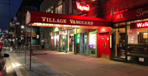 Village Vanguard jazz club entrance at night in Greenwich Village, New York City