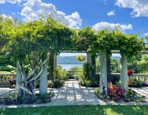 Pergola at Wave Hill overlooking the Hudson River and Palisades