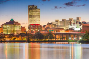 Albany, New York skyline along the Hudson River at sunset