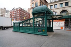 Historic-style cast-iron subway entrance kiosk at Astor Place in New York City