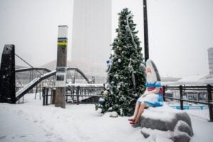 Shark Girl sculpture at Buffalo Canalside during a winter snowstorm