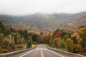 Mountain road surrounded by colorful autumn foliage in the Catskill Mountains of New York