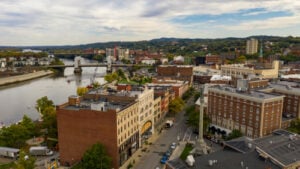 Aerial view of downtown Troy, New York, along the Hudson River in Rensselaer County