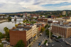 Aerial view of downtown Troy, New York, along the Hudson River in Rensselaer County