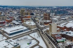 Aerial view of downtown Utica, New York, on a snowy winter afternoon