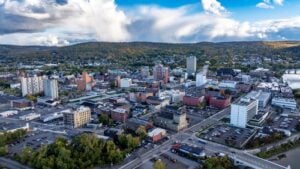 Aerial view of downtown Binghamton, New York, surrounded by the hills of the Southern Tier