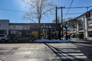 Winter street scene along Route 25A in Huntington Village, New York