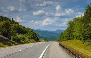 Interstate 87 heading north toward the Adirondack High Peaks in Essex County, New York