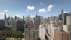 Manhattan skyline with the Empire State Building viewed from East 34th Street and First Avenue