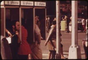 Public phone stalls at Broadway and 34th Street in New York City in 1973