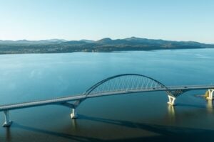 Aerial view of the Lake Champlain Bridge connecting Crown Point, New York, with Vermont