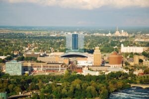 Aerial view of Niagara Falls, New York, showing downtown buildings and the Niagara River
