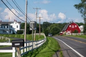 Red barn, farmhouse, and country road in Red Hook, Dutchess County, New York