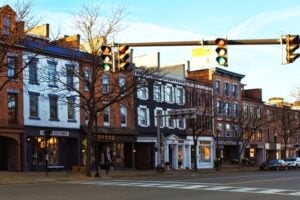 Shops and historic buildings along East Genesee Street, U.S. Route 20, in Skaneateles, New York