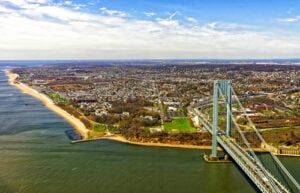 Aerial view of Staten Island and the Verrazzano-Narrows Bridge in New York City