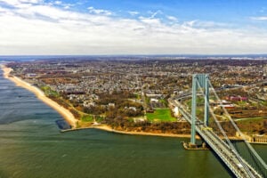 Aerial view of Staten Island and the Verrazzano-Narrows Bridge in New York City