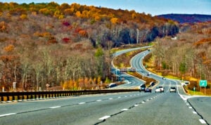 Taconic State Parkway winding through the wooded hills near Yorktown, New York