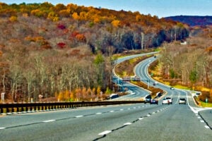 Taconic State Parkway winding through the wooded hills near Yorktown, New York