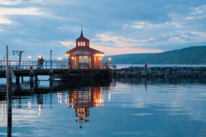 Pier on Seneca Lake at Watkins Glen in New York’s Finger Lakes region at sunset