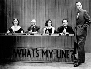 1952 television panel from What’s My Line? with Dorothy Kilgallen, Bennett Cerf, Arlene Francis, Hal Block, and host John Charles Daly