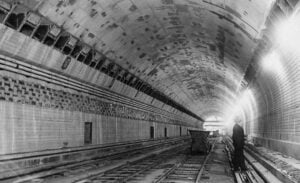 Interior of the Lincoln Tunnel under construction beneath the Hudson River in 1936