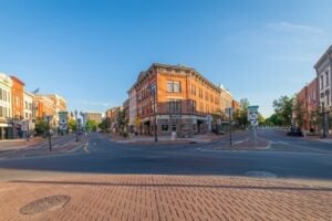 Historic downtown buildings and streets viewed from Centennial Circle in Glens Falls, New York