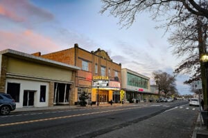 Downtown Riverhead street scene with the historic Suffolk Theater on Long Island’s North Fork