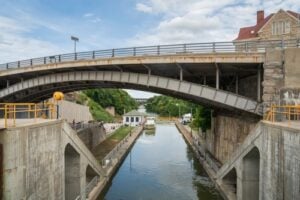 Historic Flight of Five Erie Canal locks in Lockport, New York, built to carry canal boats over the Niagara Escarpment.