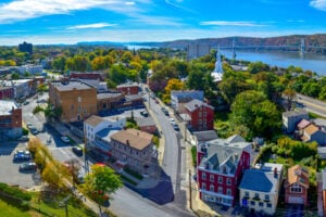Panoramic view of Poughkeepsie, New York, and the Hudson River from the Walkway Over the Hudson