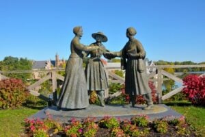 Bronze statues of Elizabeth Cady Stanton, Susan B. Anthony, and Amelia Bloomer in Seneca Falls, New York.