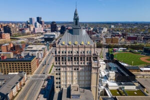 Aerial view of the historic Kodak headquarters and downtown Rochester, New York