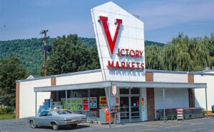 Vintage photograph of Victory Market grocery store on Main Street in Margaretville, Upstate New York, in 1976.